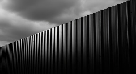 Obraz premium Monochrome corrugated metal wall, strong vertical lines and dark texture, dramatically silhouetted against an overcast sky, urban minimalist aesthetic