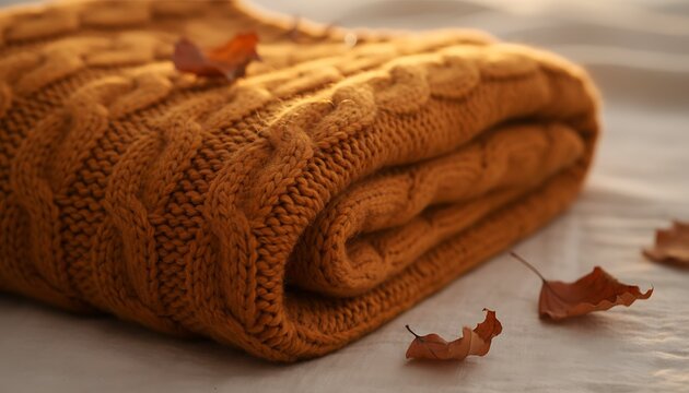 Cozy Orange Knit Blanket Folded with Fall Leaves
