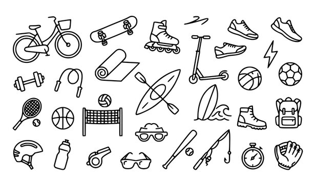 Summer sports line icons collection with outdoor activity and transport equipment symbols in creative layout for modern design
