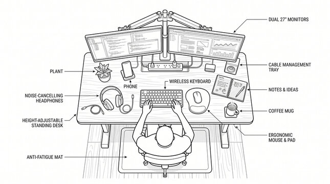Ergonomic Standing Desk Setup with Dual Monitors &ndash; Workspace Line Art Illustration