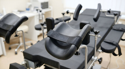 Obraz premium Sterile medical examination table with adjustable supports in a clean, modern clinic room, prepared for general healthcare procedures and patient assessment