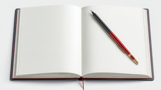 Open notebook with pen on white background minimalistic design blank pages red bookmark brown leather cover writing concept
