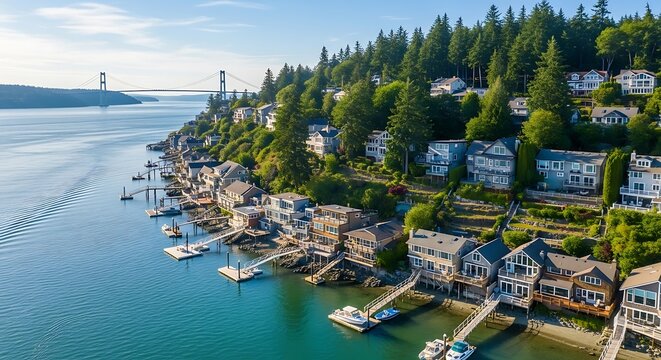 Coastal homes nestled along waterfront with boats and lush green hillside