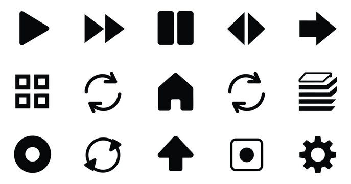 Collection of modern flat icons for media player controls and interface navigation elements on white background, clean vector illustration set including play