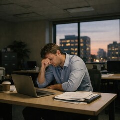 Obraz premium stressed businessman working late in modern office with city view at dusk