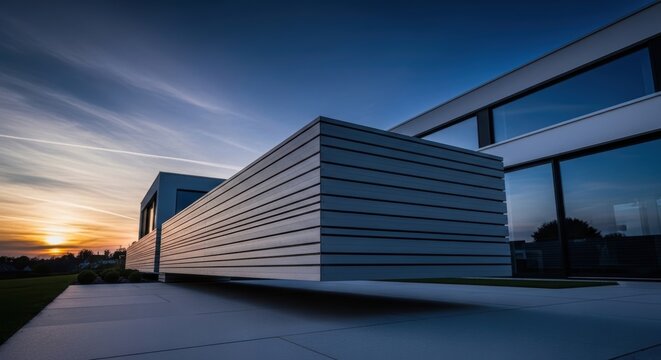 Modern minimalist home exterior featuring a floating horizontal slat fence of light gray composite boards, with a dramatic blue hour sky, architectural photography