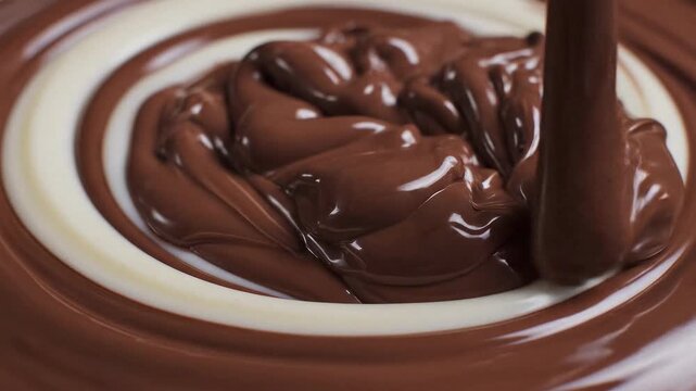 Dark Melted Chocolate Pouring Over Creamy White And Brown Swirl