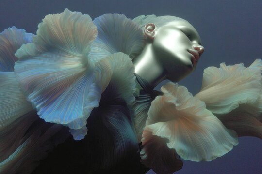 Abstract portrait of a woman with metallic skin and flowing fabric resembling underwater sea creatures, creating a surreal and artistic underwater fashion concept.