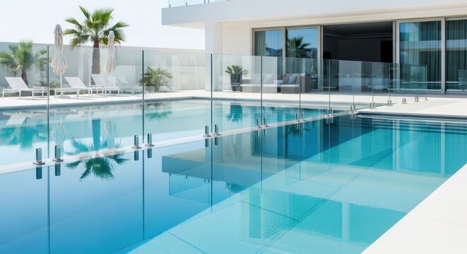 Frosted glass fence surrounds modern backyard pool with striped design and diffused morning light