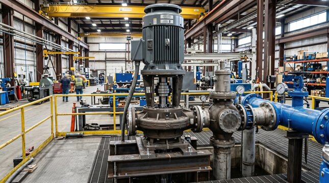 Medium shot of tall shaft vertical turbine pump assembly in factory bay showing precise alignment for industrial water applications highlighting robust mechanical components.