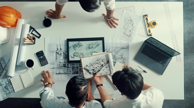 Top down view of professional manager look at plan while designer hold blueprint while present project to smart team. Top aerial view of smart team planning building structure together. Alimentation.