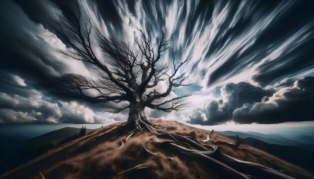 A melancholic landscape of a single, gnarled tree on a hill under a stormy, dramatic sky, Ai generated image