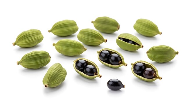 Close up of green cardamom pods and seeds isolated on a white background