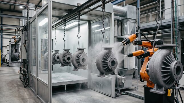 Automated system applying powdercoat finish to pump casings showcasing even coverage and surface preparation for corrosion resistance in modern production line.