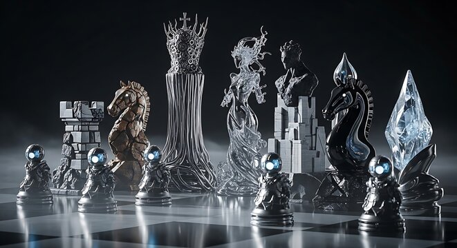 Luxury chess pieces on reflective surface.