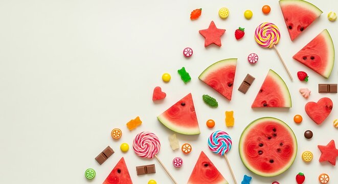 Colorful arrangement of watermelon slices and various candies on light background