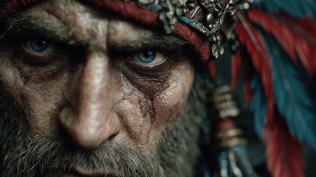 Warrior with blue eyes and red feathers in detailed costume