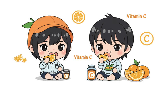 Vector illustration of two chibi children eating fresh orange slices featuring a girl in an orange hat and a boy with Vitamin C text labels, citrus fruits, juice bottles and glasses.