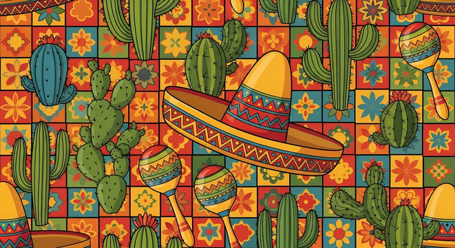Vibrant Mexican fiesta background with cacti maracas and sombrero pattern