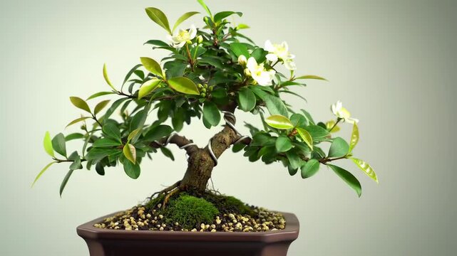 Miniature bonsai tree with green leaves and white flowers, featuring a gnarled trunk and mossy base in a square pot, representing tranquility and nature