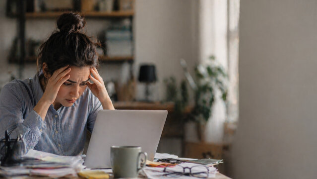 Stressed woman tired at computer feeling frustrated
