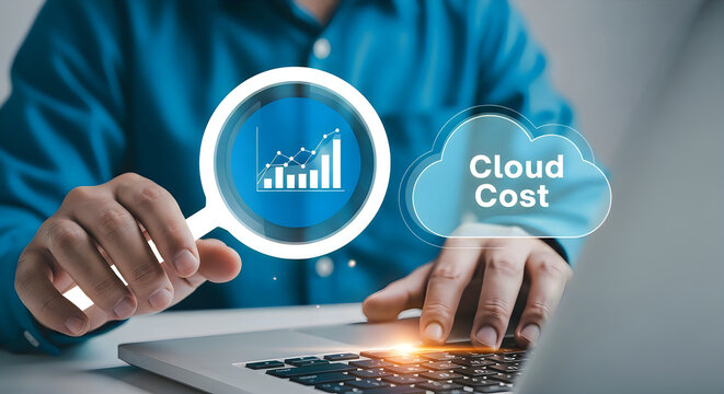 Businessman analyzing cloud cost, financial data, on laptop, magnifying glass
