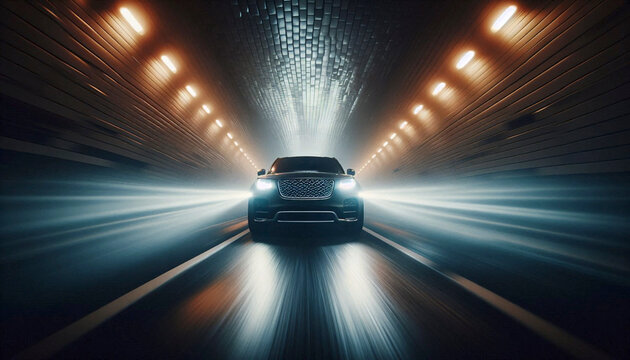A dramatic, low-angle shot of a classic 1940s sedan speeding through a tunnel, its headlights cutting the darkness, Ai generated image