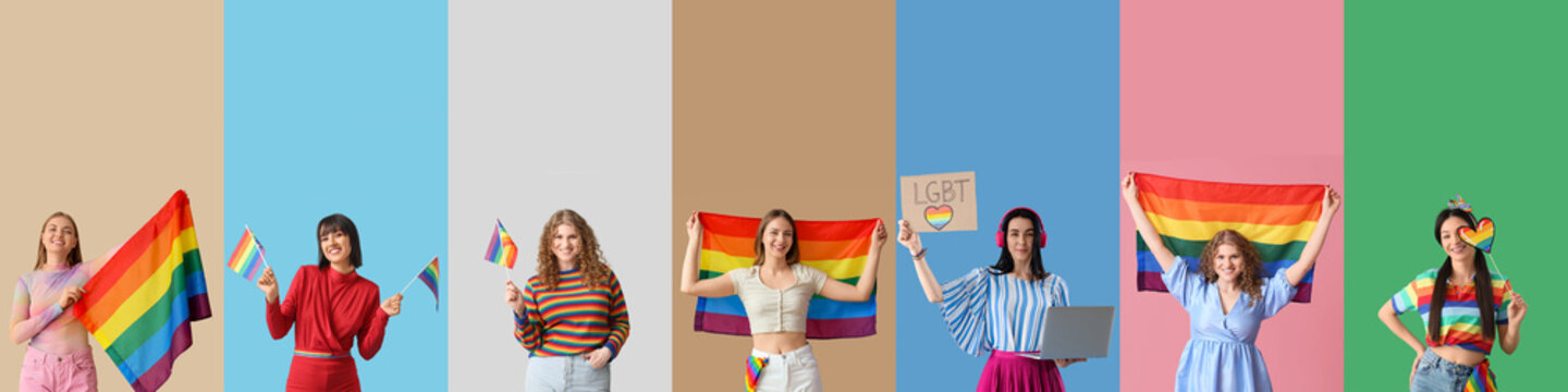 Collage of women with LGBT flags on color background