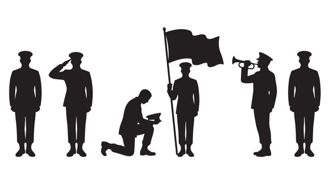Military soldiers silhouette with flag and bugle military man army uniform