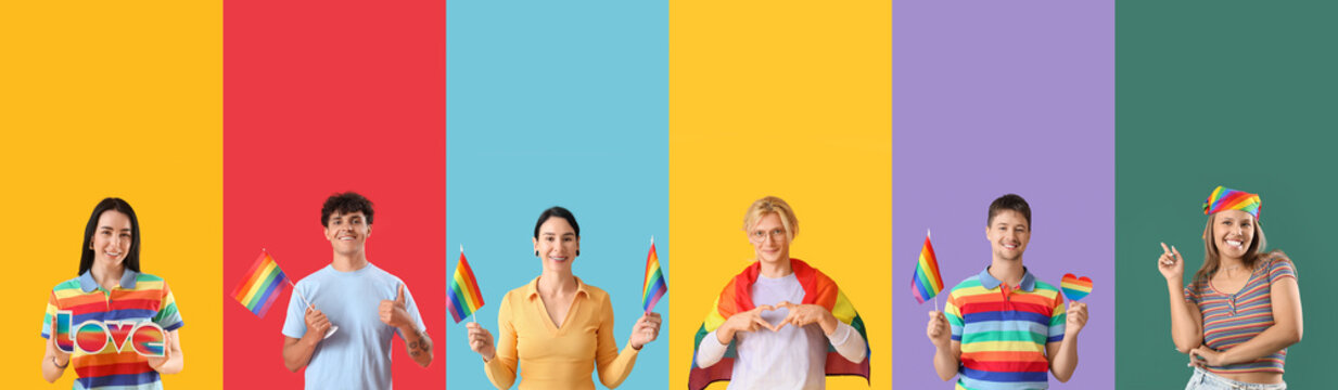 Set of people with LGBT flags on color background