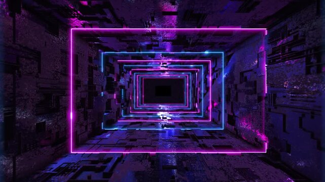 neon tunnel rotating square frames. Abstract cycled background, abstract background, flying forward through triangular corridor, tunnel, appearing glowing pink blue shapes, ultraviolet spectrum