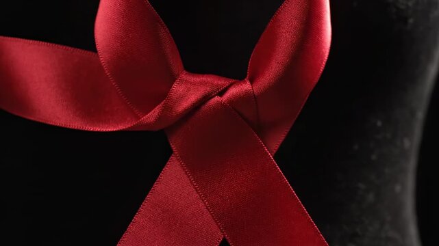 Close up of a red satin ribbon tied in a knot, symbolizing awareness and support, against a dark textured background