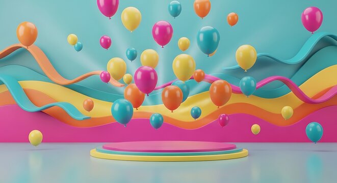 Colorful balloons floating above a platform with vibrant wavy ribbons design