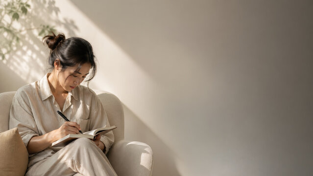 Focused asian woman writing diary feeling calm