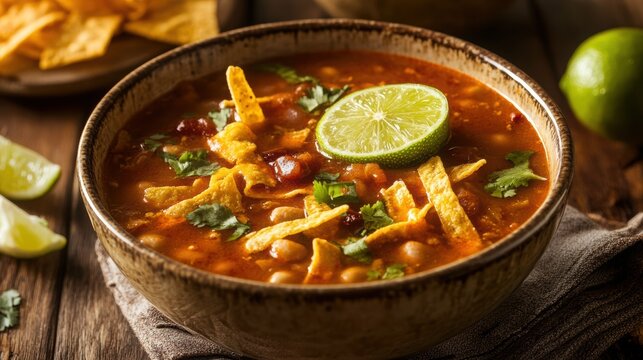 Mexican sopa de lima in rustic bowl with lime slice tortilla strips and fresh cilantro on wooden table