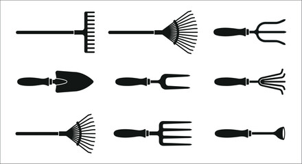 Gardening tools collection rakes shovels forks and cultivators in black silhouette © vectors home