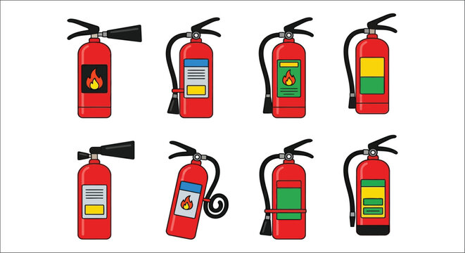 Collection of red fire extinguishers with different classifications and labels