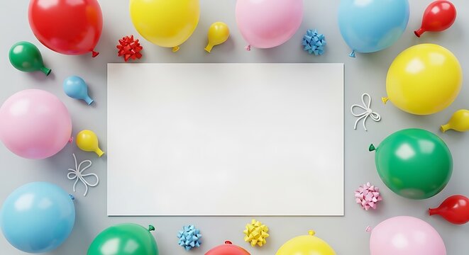 Colorful balloons frame a blank white rectangle for copy space and festive display