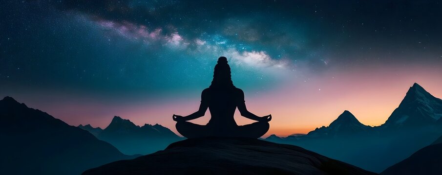 Silhouette of Lord Shiva meditating in lotus position against a starry night sky with the Milky Way galaxy. Majestic mountain landscape background. Banner with copy space