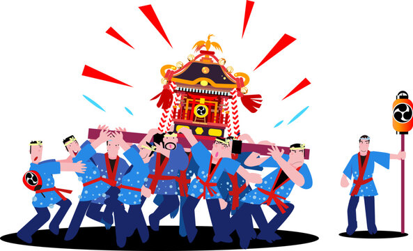 日本の夏祭り、神輿を担ぐ威勢の良い男性たちのベクターイラスト。レイヤー整理済みで編集可能、コピースペースあり。