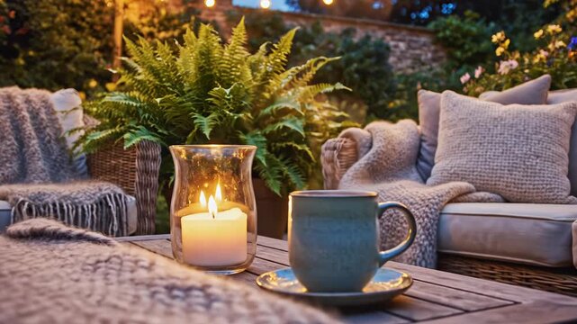Cozy garden patio at night with string lights, wicker sofas with cushions and blankets, wooden table with candle, lush green ferns, and stone tile flooring at dusk.