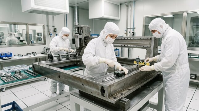 Engineers in a sterile cleanroom environment meticulously mount linear guides and spindles onto CNC milling machine frames emphasizing high precision and contamination control.