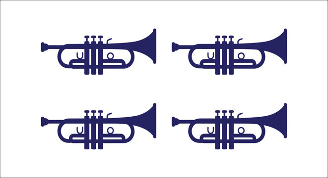 Nine silver trumpets arranged in a grid pattern on a white background