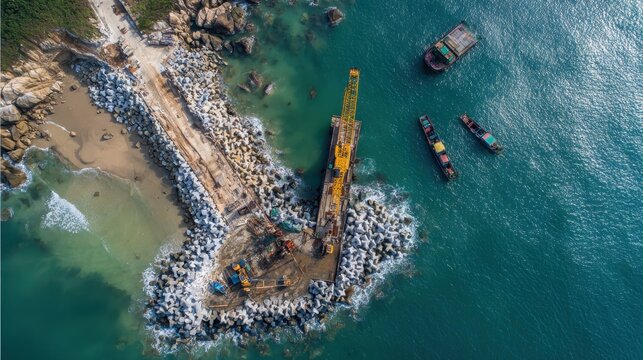 Aerial drone view of construction on coastal rock breakwater