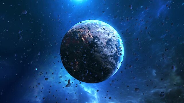 Earth showcased in space Surrounded by Cosmic Debris fiery asteroid approaching planet earth floating asteroids cosmic dust. blue nebula adds cosmic Planet Neptune meteors solar system Outer space