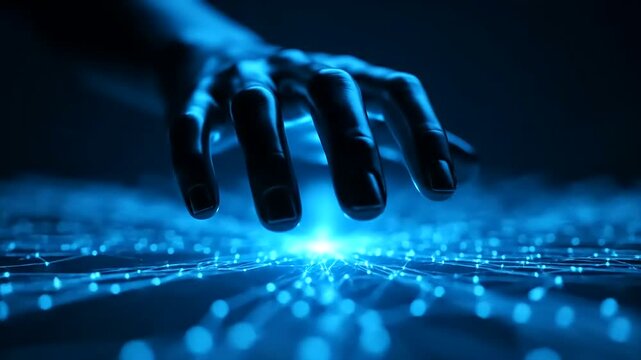 Futuristic digital hand reaching towards glowing network data nodes.