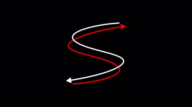 Dual curved arrows red and white on black background representing direction flow, business strategy paths, decision making process, dynamic movement, and abstract navigation concept in 4K video