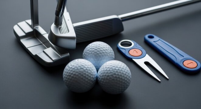 Golf putter and accessories on dark surface golf balls divot tool ball marker