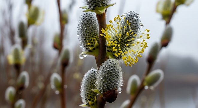 Close up of pussy willow branches with water droplets against a blurred background