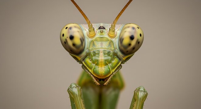 Extreme Macro Portrait of a Praying Mantis Face with Detailed Compound Eyes and Antennae